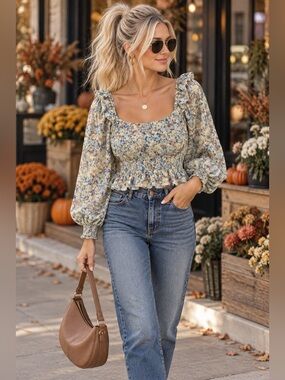 ASTR The Label Blue Taupe Floral Smocked Peplum Blouse XS Anthropologie